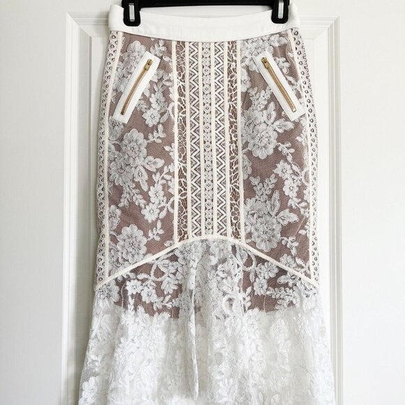 Women's Designer NWT Three Floor Ace of Lace White Midi Skirt Size 4 UK8 - Picture 1 of 6